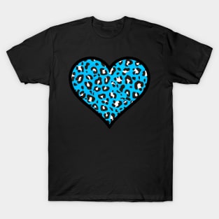 Sky Blue, Black and White Leopard Print Heart T-Shirt